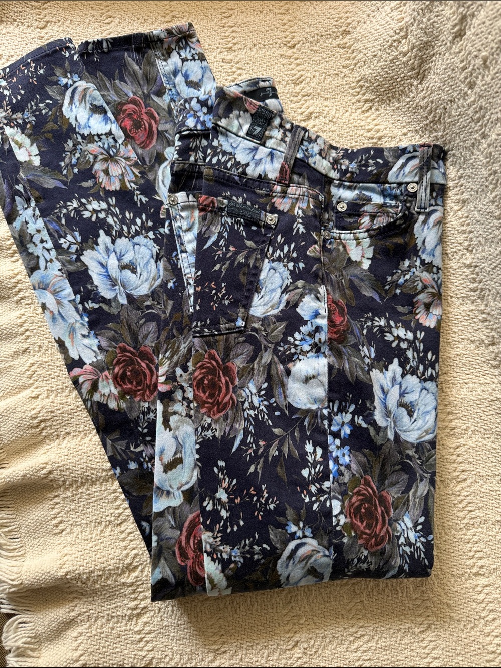 7 For All Mankind Women's Floral Skinny Jeans - Navy with Blue & Red Roses